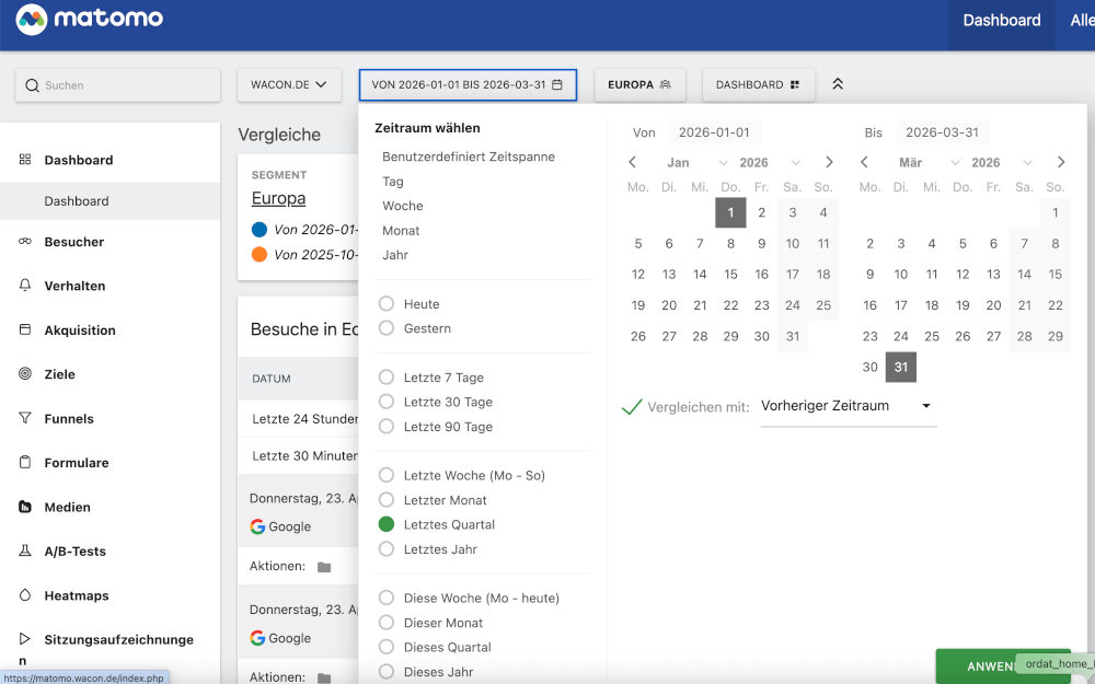 Screenshot Kalendereinstellungen bei Matomo 5.9.0