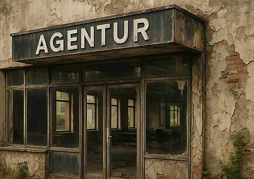Zerfallendes Gebäude mit Aufschrift AGENTUR