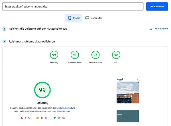 Pagespeed-Auswertung mobile Version
