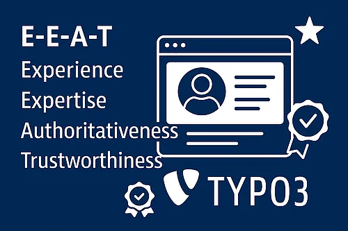 weißer Text EEAT und TYPO3 auf blauem Hintergrund