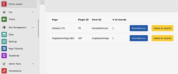 Forms2DB-Modul im Backend