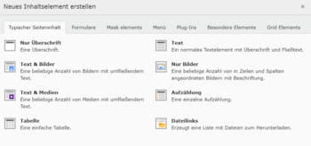 Screenshot TYPO3 Inhaltselemente
